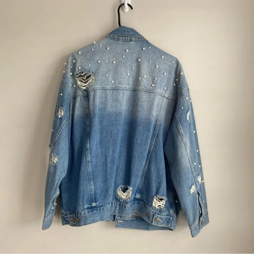 Free People Sunday Funday Blue Oversized Pearl Denim Jacket Distressed Slouchy - Picture 5 of 10
